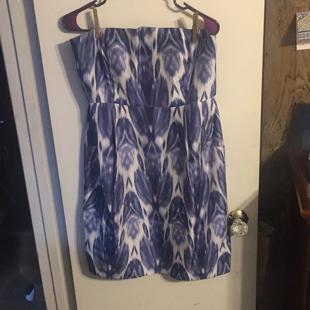 J. Crew strapless watercolor blue dress w/ pockets